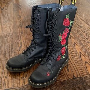 Dr. Martens Black Boots with Red Rose Embroidery